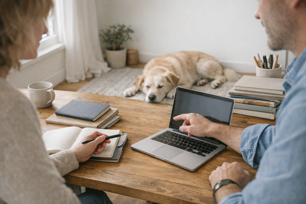 [light] Til ‘Om os’: et ægte, moderne arbejdsrum hvor et lille team arbejder med indhold, mens en hund ligger afslappet i baggrunden.