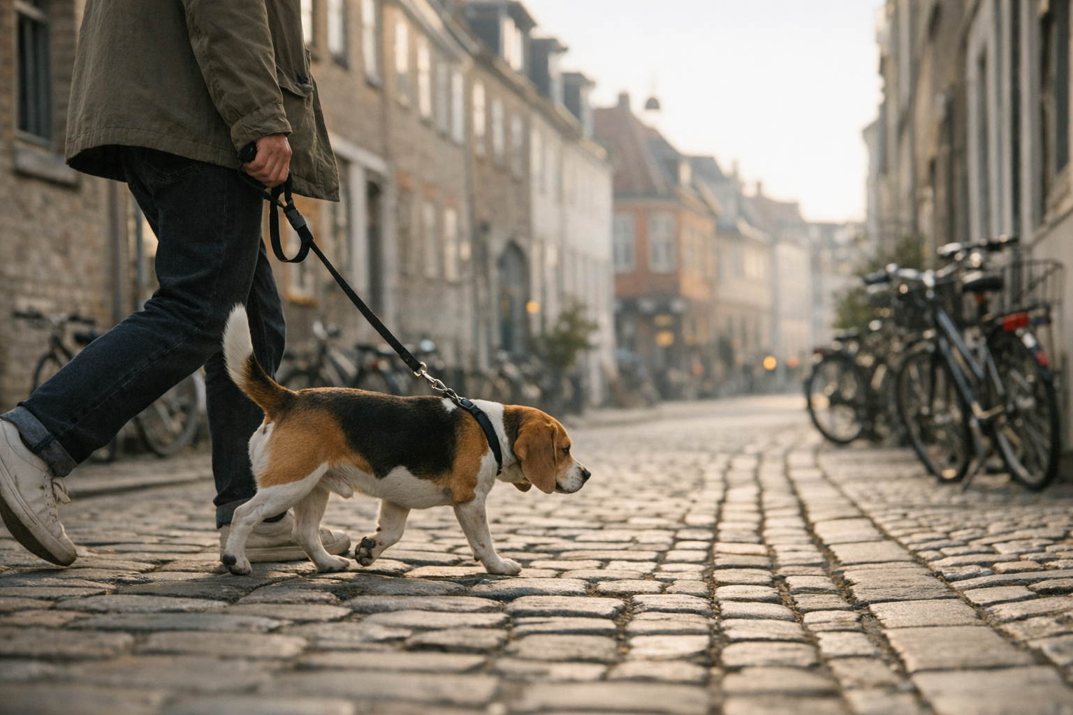 [light] Standard blogheader: alsidigt billede af hund på gåtur i byen, så det kan passe til mange typer artikler.