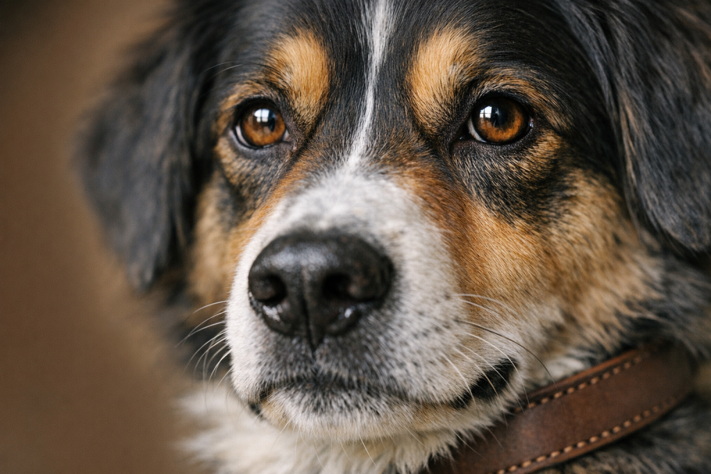 [dark] Nærbillede til feature-sektion: detaljer af hundens snude/øjne eller halsbånd/sele i naturligt lys, der signalerer kvalitet og omsorg.