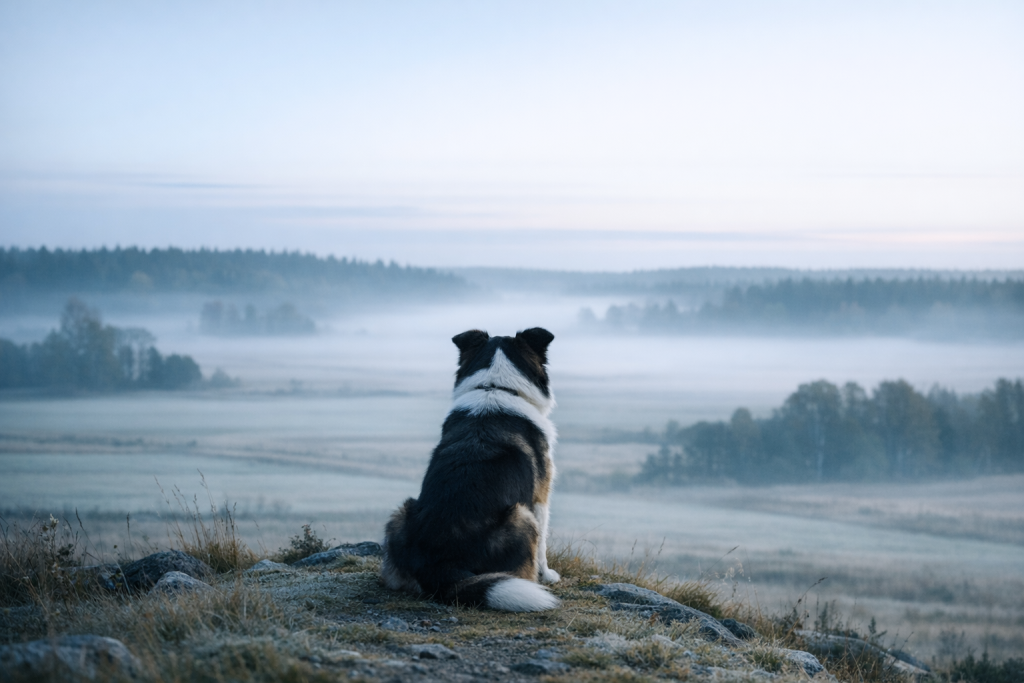 [dark] Sekundært hero-billede til indersider: mere intimt og roligt, en hund der kigger ud over et landskab – godt til guides og kategorisider.