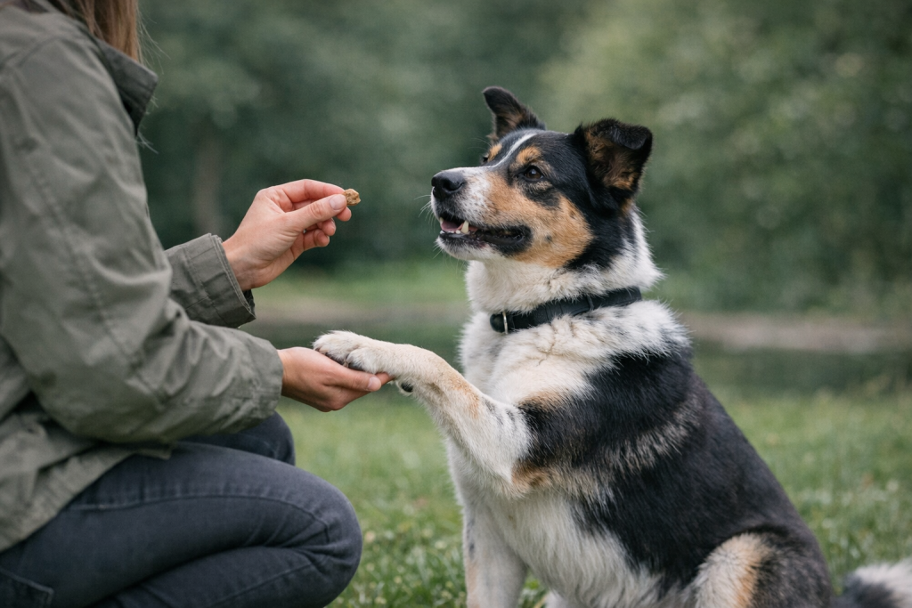 [light] Servicebillede til ‘Træning & tricks’: aktiv men kontrolleret træningssituation i en park med naturligt lys.