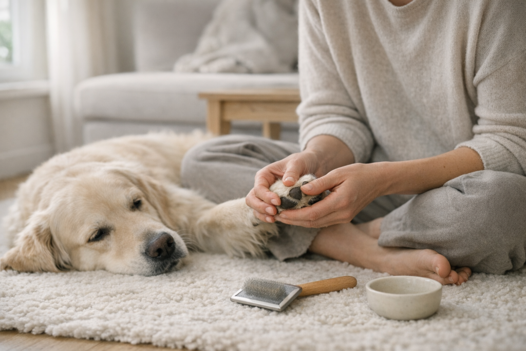 [light] Servicebillede til ‘Sundhed & pleje’: rolig hjemme-scene med let pelspleje eller tjek af poter.