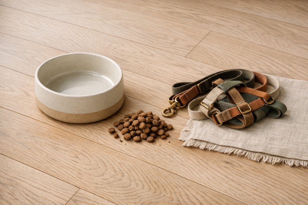 [light] Servicebillede til ‘Foder & udstyr’: et rent, moderne setup med skål, tørfoder og sele/line i naturlige materialer.