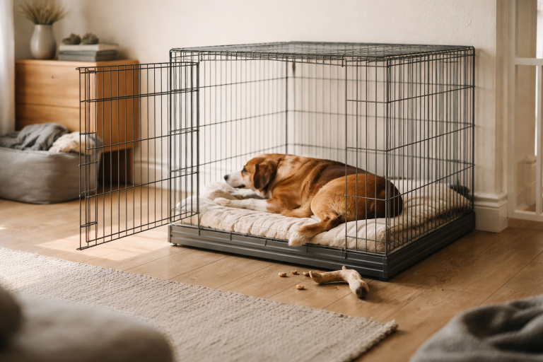 Hund i bur derhjemme: sådan gør du det trygt, og hvornår du helt skal lade være